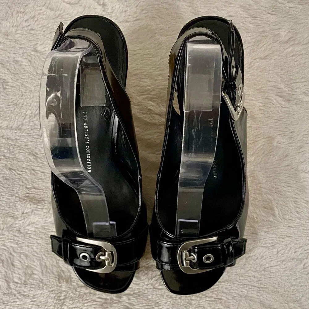Franco Sarto Carnival Black Patent Faux Leather Cork Wedges Women’s Size 7M